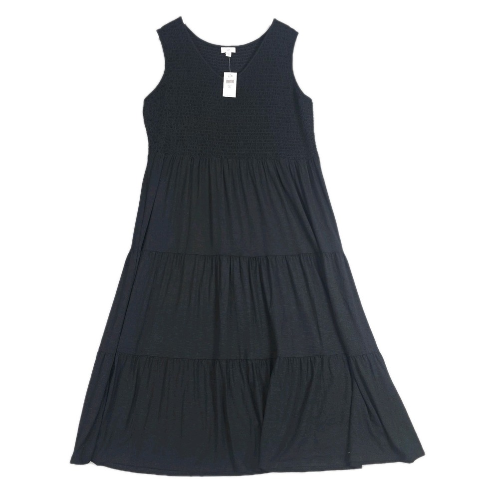 J. Jill Smocked Tiered Midi Dress XL Black Sleeveless Stretch Travel